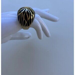 Vintage Enamel Zebra Round Ring Gold Black Women’s Size 6.5” Statement Ring